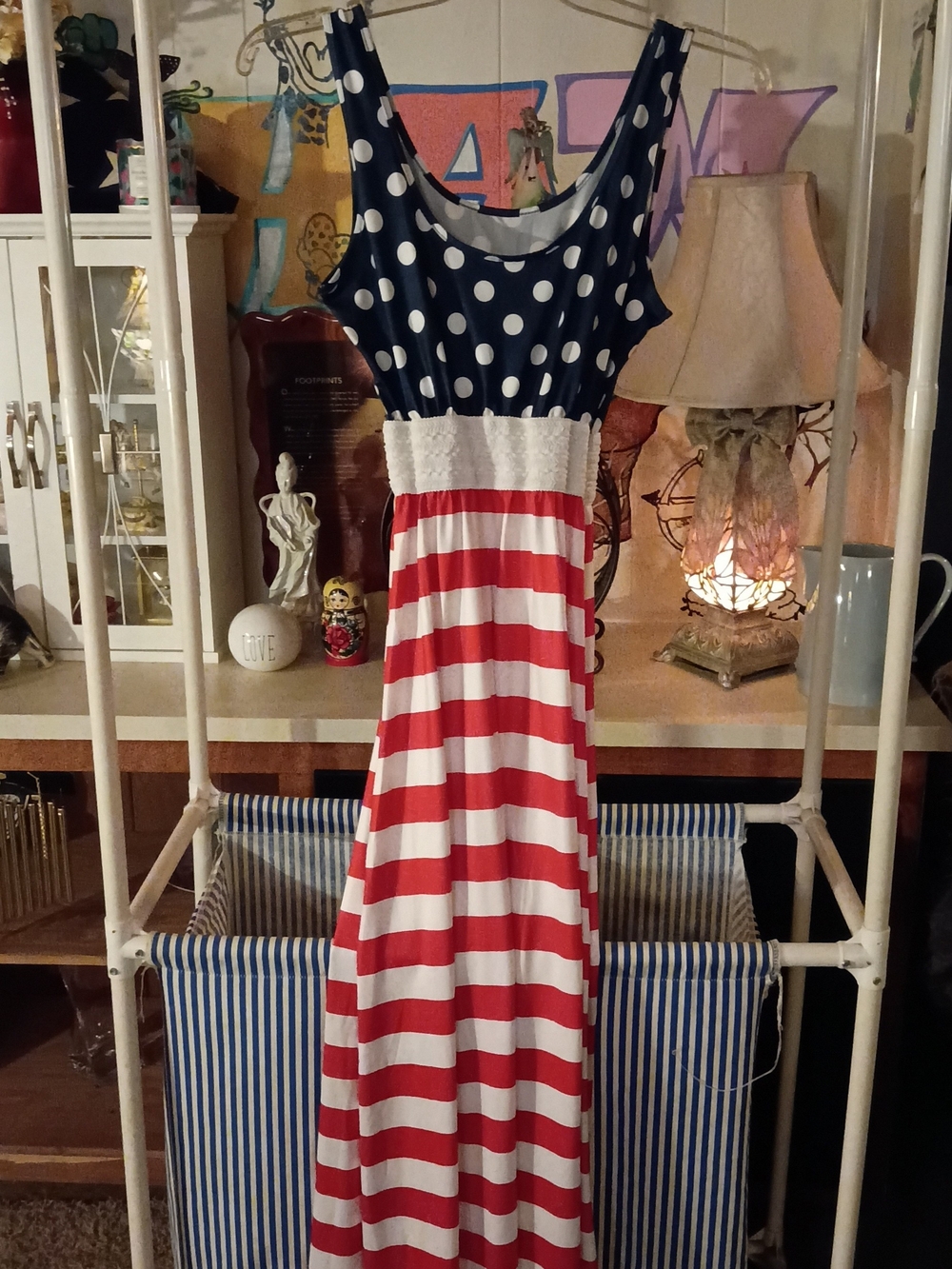 No Boundaries Red, White & Navy Polka Dot Striped Maxi Dress